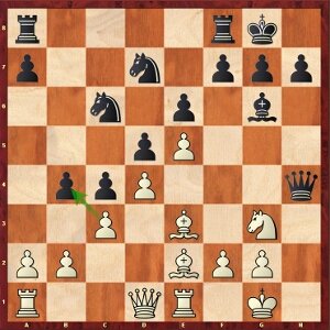 Mvl-Mamedyarov, round 24; the counter-intuitive 17.cxb4? is based on a miscalculation.