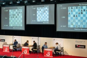 Les six joueurs du tournoi de Grands-Maîtres sur la scène (Photo: Simon Bohnenblust / Biel Chess Festival).