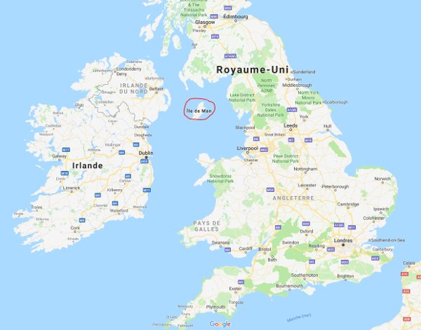 L’Ile de Man, entre l’Angleterre et l’Irlande du Nord (image Google Map).