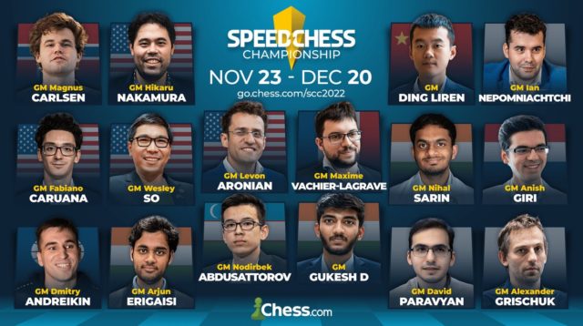 La grille de départ du Speed Chess 2022 (image : www.chess.com).